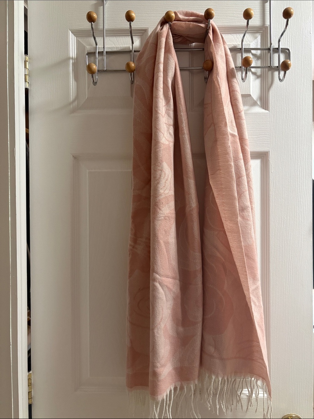 Soft Pink Floral Scarf with Fringe